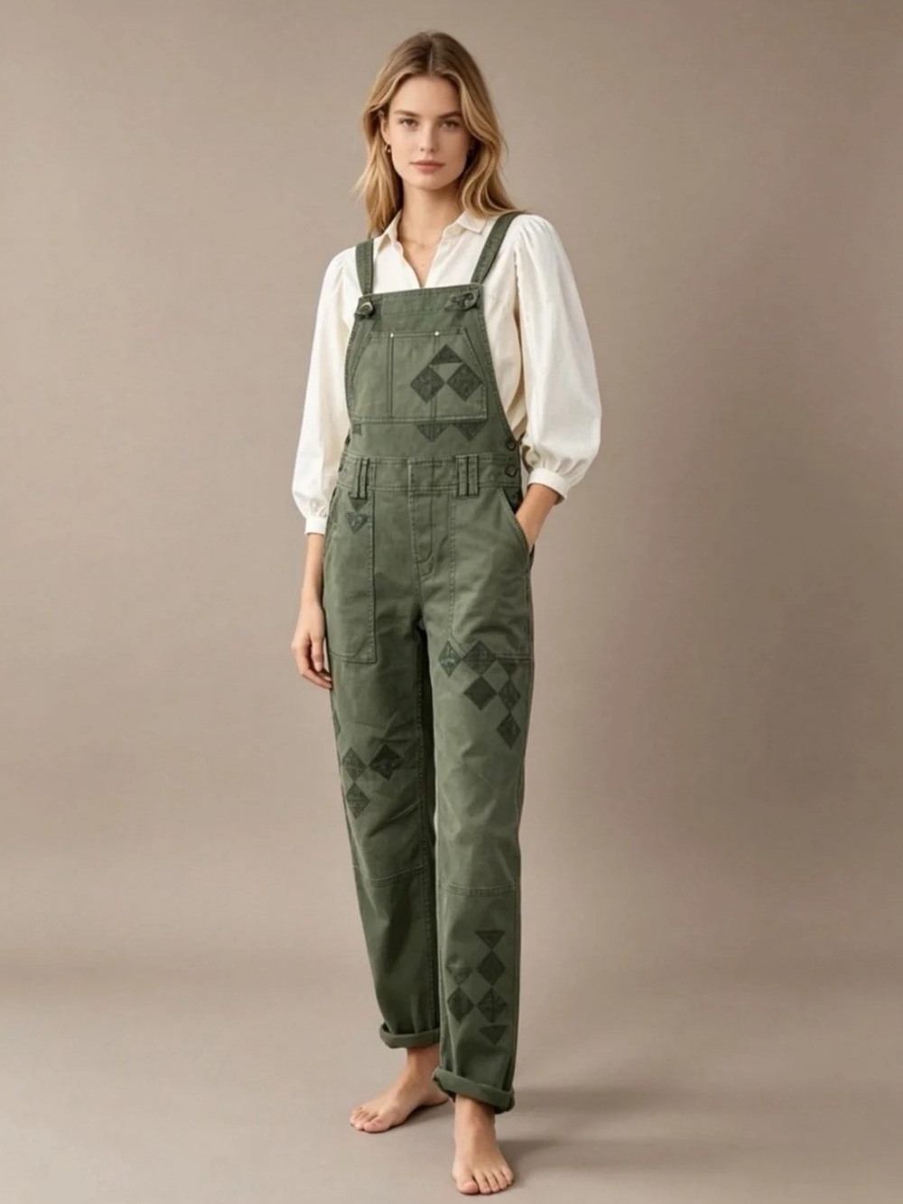 NWOT - Anthropologie Olive Green Embroidered Utility Overalls